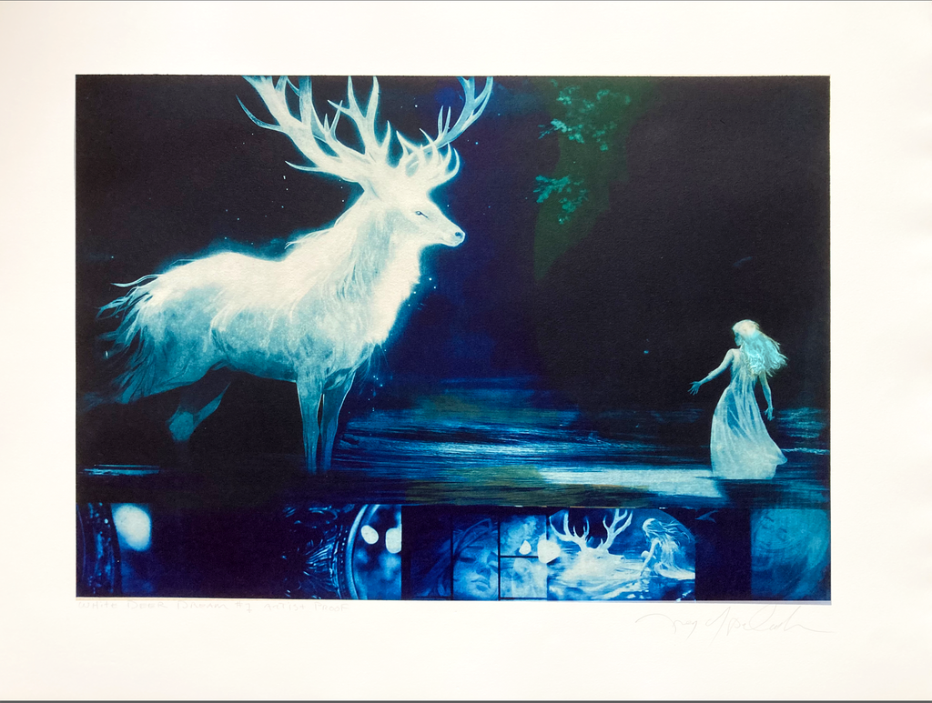 White Deer Dream #1, 30"x22" Photopolymer Ink Print on Archival Watercolor Paper